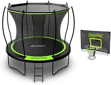 Jumpflex Flex 10′ Trampoline, Outdoor Backyard Equipment Bundled with PROJAM Basketball Hoop – Play Set Includes Net Safety Enclosure and Ladder