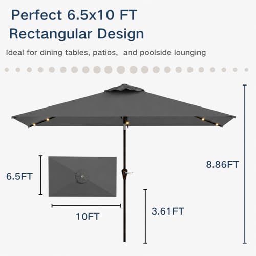 Patio Kingdom 6.5 x 10ft Rectangular Patio Umbrella with Solar Lights, 16 LED Lighted Market Umbrella with Push-Button Tilt and Crank, 6 Sturdy Iron Ribs for Garden, Deck, Pool, Gray by Patio Kingdom - Used condition - Image 3