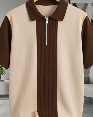 AUSK Women's Zip Neck Polo T-Shirt Beige Beige & Brown - Image 7
