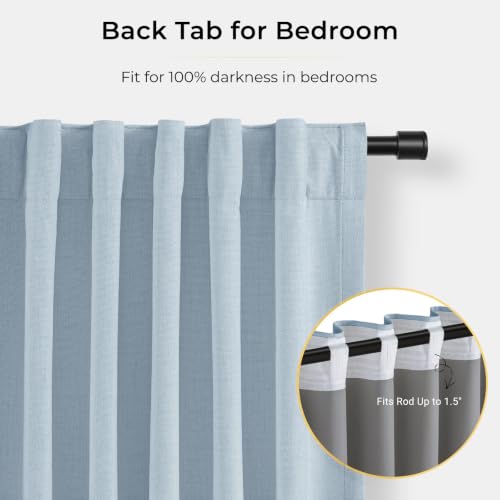 Image of INOVADAY 100% Blackout Curtains for Bedroom, Chambray Blue Black Out Curtains 90 Inch Long, Clip Rings Linen Blackout Drapes, Thermal Insulated Room Darkening for Living Room, 2 Panels - W50xL90