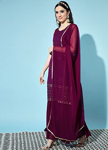 Women's Georgette Embroidered Kurta and Sharara & Dupatta Set3