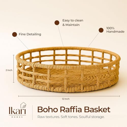 Image of Ikari Homes Round Woven Raffia Basket, Natural Decorative Storage Tray| Gifting Basket |Boho decor storage vanity basket I Sustainable organisor Round Basket (12 in x 2 inch)