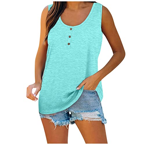 Large Size Tank Tops For Women Solid Color Summer Sleeveless Henley T-Shirts Tops Casual Button Down Tunics Shirts Mint Green #TOP20