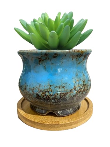 SJBAG Cute Circular Ceramic Home Garden Decoration Succulent Cactus Flower Pots Container with Bamboo Tray -Plant Not Included (Blue, 3.94 Inch)