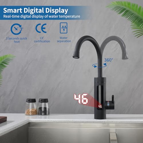 HOMELODY Durchlauferhitzer 230V Elektrischer Wasserhahn,Schwarz Küchenarmatur mit Durchlauferhitzer Wasserhahn,Camping, Wasserhahn Küche 360° Swivel