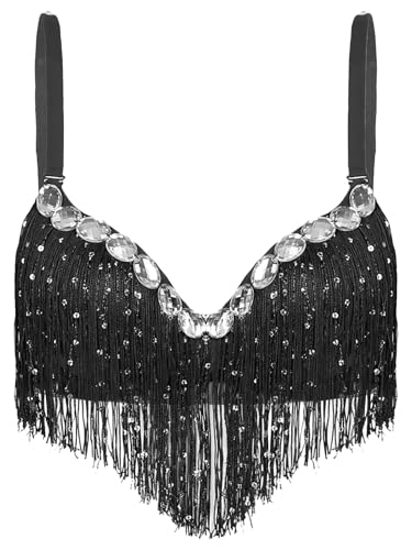 Women's Diamond Fringe Belly Dance Bra Top Sparkly Sequin Tassel Crop Top Rave Festival Party Costume
