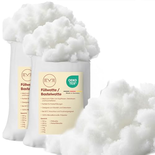 EVE Textile® 1 kg Füllwatte für Kissen; Flauschiges Füllmaterial & Stopfmaterial; Kissenfüllung, Bastelwatte, Füllung für Stofftiere, Kuscheltiere; Öko-Tex 100 Zertifiziert