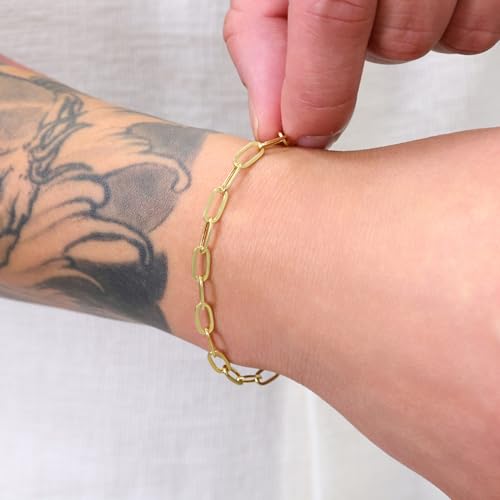 Nuragold 14k Real Yellow Gold Paperclip 4mm Elongated Cable Link Bracelet (7"-8") Italian Jewelry for Men & Women4