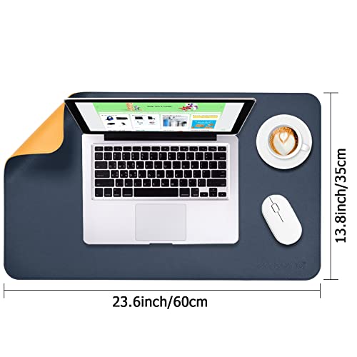 Image of AROPANA Vegan Leather Desk Mat | Large Reversible Mouse Pad & Computer Table Protector | Dual-Side Waterproof Extended Laptop Pad with Edge-Stitched Design (60x35CM, Navy Blue and Yellow)