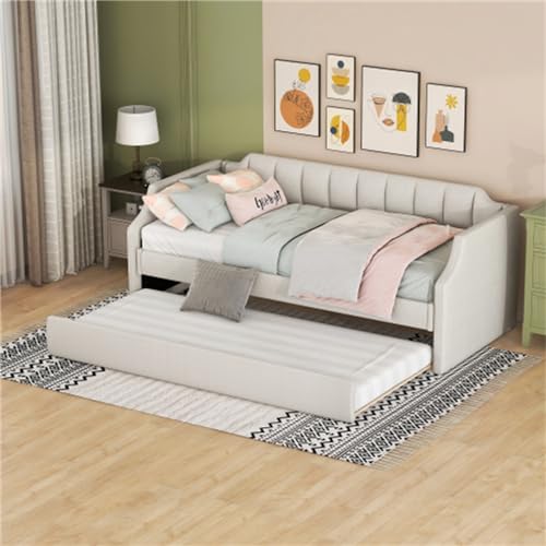 Sofá cama individual con cama nido Cama acolchada con reposabrazos y respaldo 90 x 200 (190) cm, apto para adultos, adolescentes y niños camas supletorias (Beige)