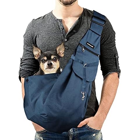 Lyneun Pet Hand-Free Sling Dog Carry Bag with Adjustable Shoulder Strap Double-sided Puppy Carrier with Front Pocket for Walking Travel Outdoor (Blue) Cover