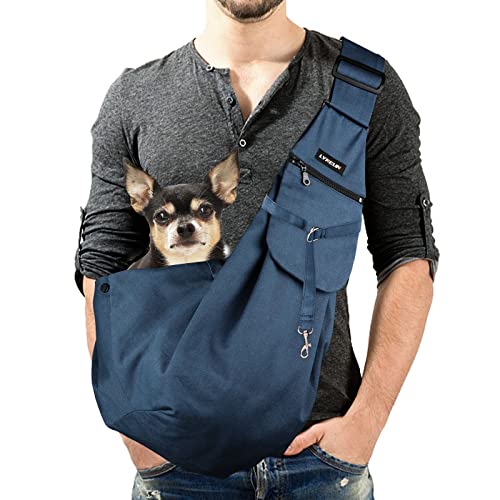 Lyneun Pet Hand-Free Sling Dog Carry Bag with Adjustable Shoulder Strap Double-sided Puppy Carrier with Front Pocket for Walking Travel Outdoor (Blue)