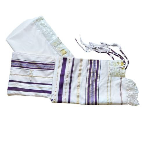 Jewish Tallit Prayer Shawl Scarf Purple, Silver & Gold Tzitzit w/Bag Pouch for Men Women 72 x 22 Bar Mitzvah Gift Star of David Pomegranates and Menorah from Israel Christian3