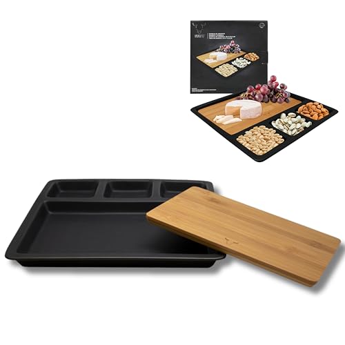 WAYU - Tabla para Aperitivos. Cuatro Cuencos de cerámica y Bandeja de Bamboo extraíble. Fuente para Servir quesos, Frutos Secos, Salsas, Aceitunas, Embutidos y más. Original Regalo para Navidad.