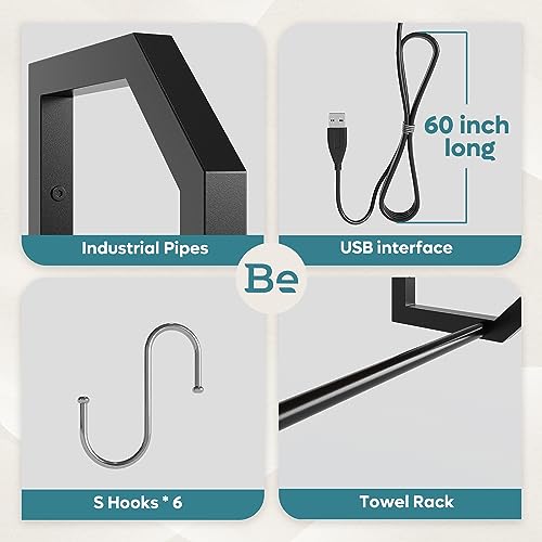 Bestier Gaming Floating Shelves, 34" LED Wall Mounted Shelf with Adjustable Glass Shelf, Pipe Shelves Hanging Display Rack Bookshelf with 6 S-Hook, Gaming Room Decor Wine Coffee Bar Black