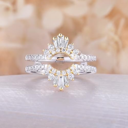IVANKA Art deco Enhancer Diamond Wedding Band | Unique Double Curved Ring with Baguette&Round | Delicate Half Eternity Stacking Ring Two-tone Ring Wedding Ring Enhance Wrap Diamond Ring Jacket Engagement Ring Guard Baguette Ring Guard3