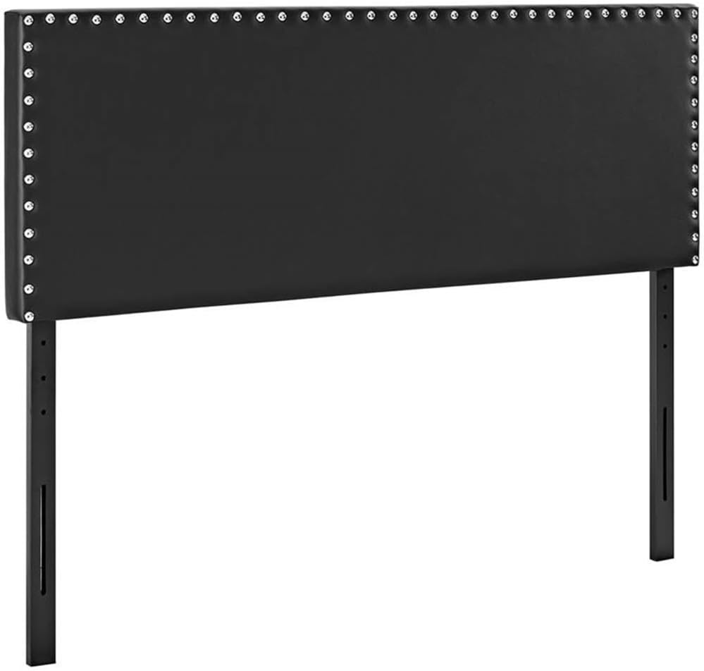 Pemberly Row King Upholstered Headboard, Vinyl and Solid Wood, Black Finish, Silver Nail Button Trim, Dense Foam Padding, Adjustable Legs, 79.5 in Wide, Bedroom Use