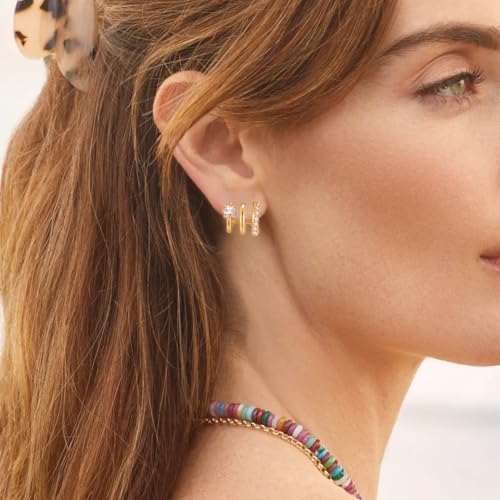 14K Gold Plated Triple Hoops Illustion Stud Earrings | Double Huggie Hoop Earrings for One Hole Illusion Stud Earrings |Zirconia Gold Hoop Earrings for Women3