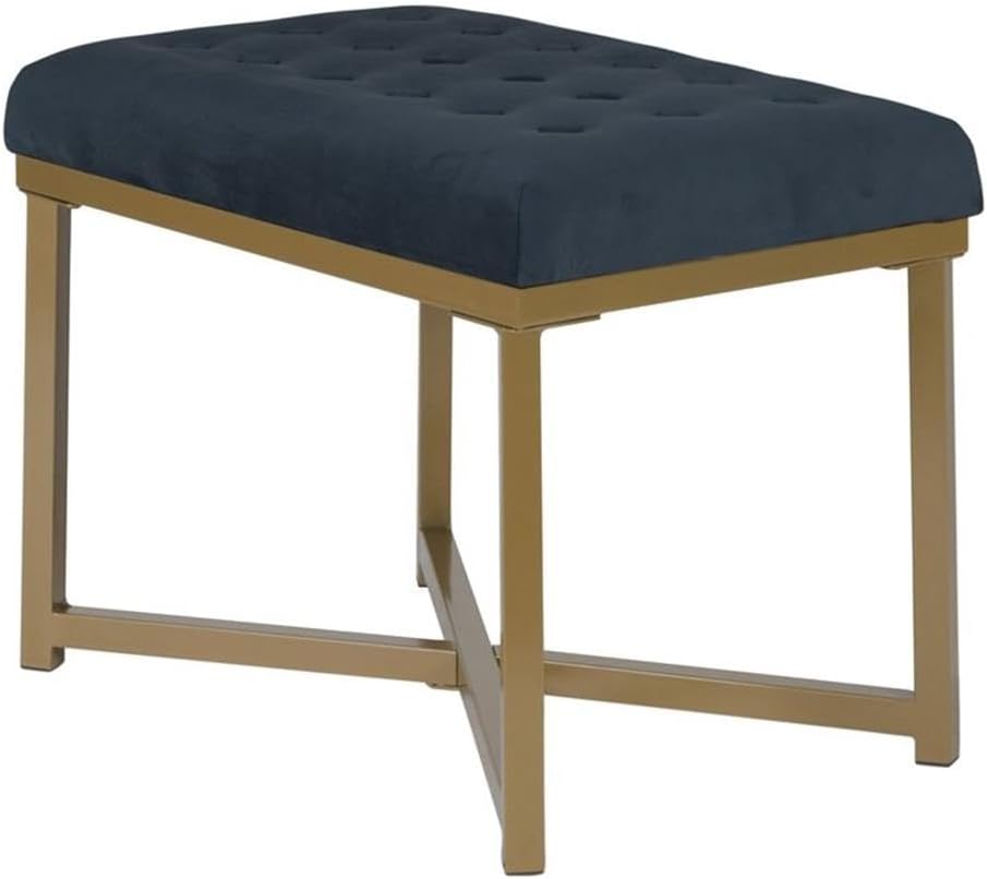 Pemberly Row Modern Metal Bench with Velvet Seat, Dark Blue Finish, 24" W x 16" D x 17.5" H, Gold Base, Tufted Design, Firm Cushion, Multipurpose Ottoman for Living Room, Bedroom, or Dining Room Use