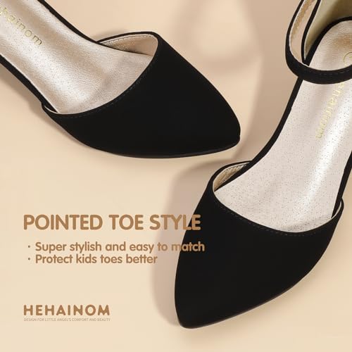 Image of Hehainom Girls Dress Shoes Chunky High Heels Ankle Strap Pumps | Pointed Closed Toe, Little Big Kid, Adjustable Buckle, Mary Jane, Wedding, Party, Communion, Flower Girl