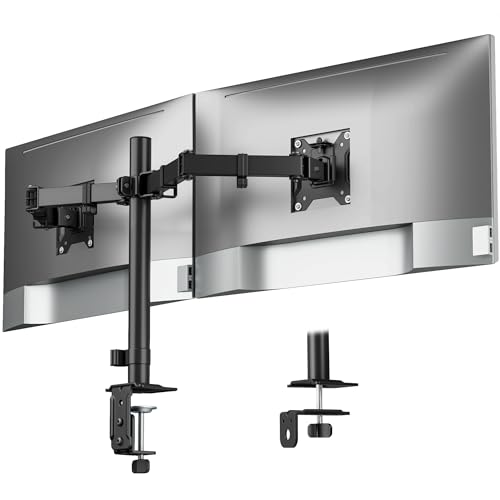 monTEK Heavy Duty Dual Monitor Stand for 17 to 32 Inch Screens, Adjustable Desk Mount Supports 22 lbs Each, Clamp and Grommet Base, VESA 75x75/100x100