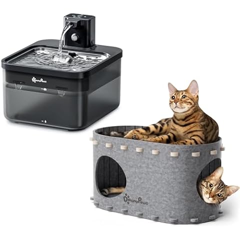 DownyPaws Battery Operated Cat Water Fountian Black and Cat House for Indoor Cats Light Gray Cover