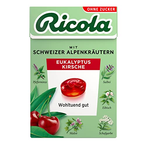 Ricola Eukalyptus Kirsche, Schweizer Kräuterbonbon , 1 x 50g Böxli, ohne Zucker, Wohltuend gut Cover