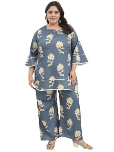 Image of Tissu Women's Plus Size Pure Cotton Grey Floral Tunic with Palazzo Co-ords
