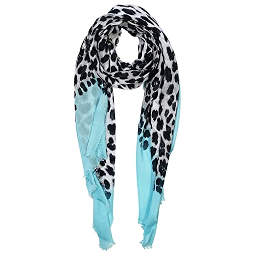 Animal Print Cashmere Silk Scarf in Aqua Blue and Snow 78 x 22