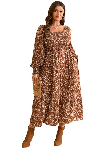 Plus Size Dress for Women Casual Floral Square Neck Long Sleeve Smocked Elastic Waist Boho Tiered...
