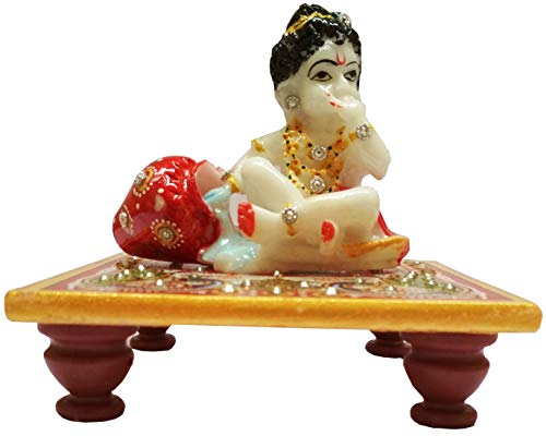 Purpledip Marble Statue Lord Krishna: Painted Makahan Chor Idol on Chowki (11566), Multicolor, Standard - Image 2