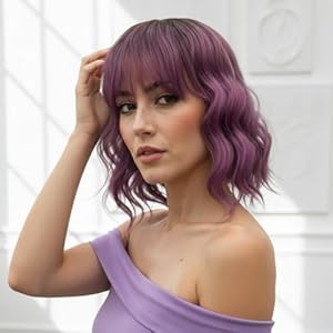 Wigs for Women Short Bob Wig with Bangs, Synthetic Wavy Curly Black Hair Wigs for Black Women, Natural Looking Textured Short Wigs for Daily Use. (Dark Purple)