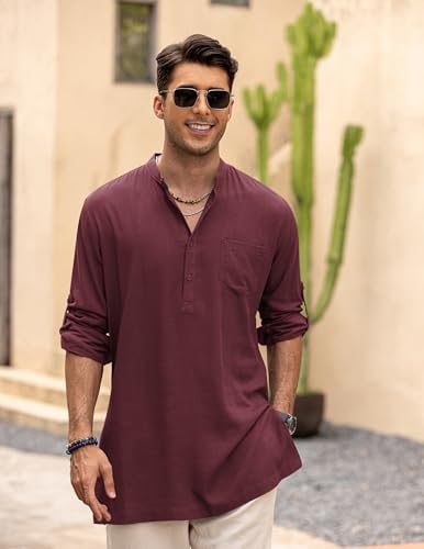COOFANDY Men's Linen Henley Shirts Long Sleeve Collarless T-Shirts Longline Kurta Beach Shirts with Pocket2