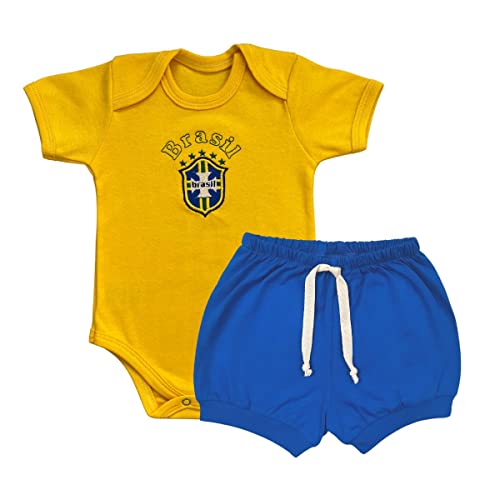 Conjunto Roupa Bebê Body Brasil Copa e Short Azul Brasão Menino Menina Cor:Azul;Tamanho:P