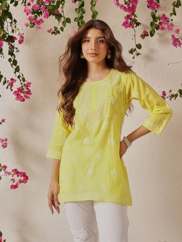 Image of Ada Hand Embroidered Lucknow Chikankari Straight Round Neck Cotton Blend Short Kurti Tunic Top for Women A911333