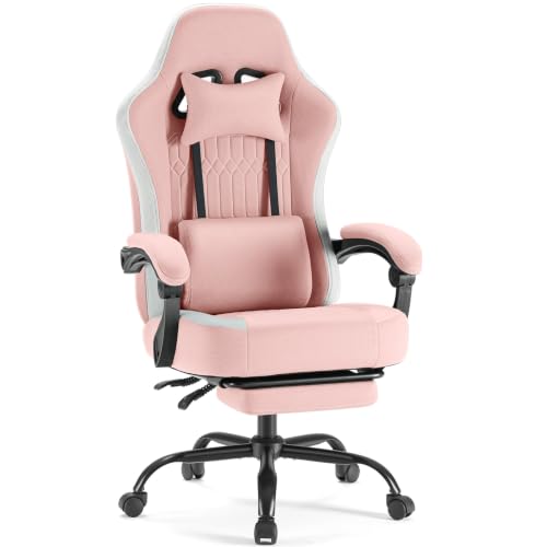 Image of DUMOS Gaming Chair with Linkage Armrests, Video Game Chairs with Pocket Spring Cushion, Ergonomic Computer Silla Gamer Office Desk Chair with Footrest for Adults & Students, Pink
