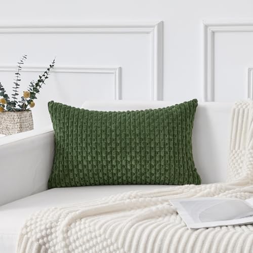 Kevin Textile Spring 12x24 Inch Pillow Cover 1 Pack Boho Decorative Soft Striped Corduroy Lumbar Farmhouse Solid Color Accent Rectangle Cushion Case for Living Room Couch Sofa Bed, Moss Green