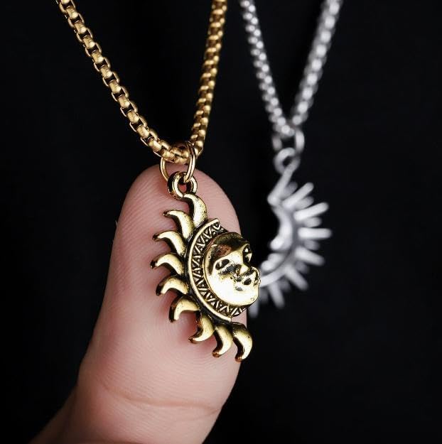 Sun and Moon Matching Necklace for Couple Asymmetric Sun Moon Dangle Hoop Earrings for Women Vintage Couple Half Moon Sun Pendant Necklace Jewelry for Men4