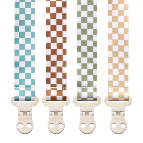Image of Stadela Baby Pacifier Clip Holder - Girl or Boy Unisex 4 Pack Gift Set – Neutral Modern Retro Checker Green Blue Brown Beige
