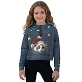 Xoenoiee Sudaderas con capucha y bolsillo para niñas de 5 a 14 pulgadas, media cremallera, suéter corto para adolescentes y niñas, suéter de manga larga, Gato con temática navideña, 11-12 años