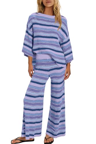 ReachMe Womens Oversized Striped 2 Piece Set Sweater and Wide Leg Pants with Pockets Pajama Lounge Sets Casual Outfits(Pastel Purple,S)