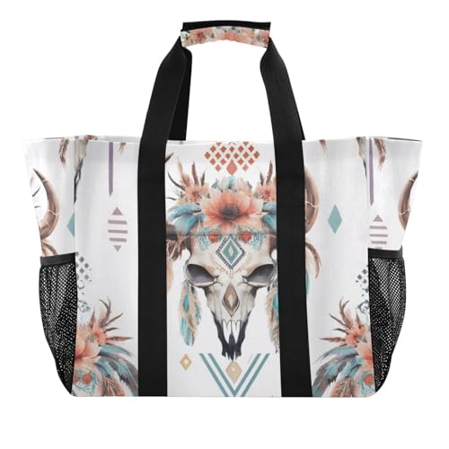 Retro Cow Skull Flower Large Beach Bag Waterproof Beach Tote Bags for Women Travel Gym Pool