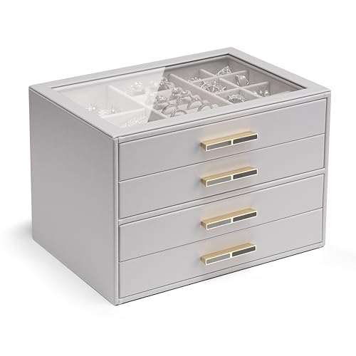 Vlando 4 Layer Jewelry Box for Women, Glass Lid Jewelry Organizer with 4 Drawers for Necklaces Rings Earrings Bracelets - Grey C. Grey 4-Layer