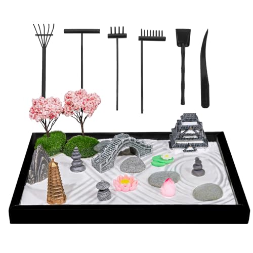 Bbiamsleep Zen Garden Kit for Desk, 9.8 x 7 Inch Mini Zen Sand Garden with 6 Tools, 23 Accessories for Home Office Desktop Japanese Decor