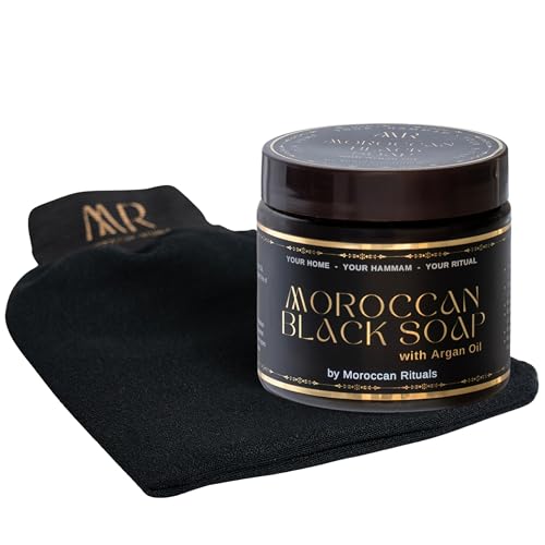 Authentic Moroccan Black Beldi Soap & Exfoliating Kessa Glove Traditional Hammam Body Scrub 100% Natural Made in Morocco (Black Argan 200g)