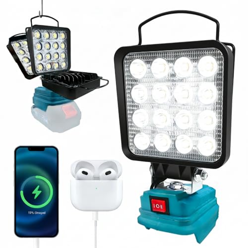 Battery Lamp for Makita 18 V, 48 W 4800 LM Wireless Work Light, 2 Modes LED Battery Spotlight with 2 USB Charging, Portable Floodlight for Emergencies, Construction Site, Camping, Car Repairs (No