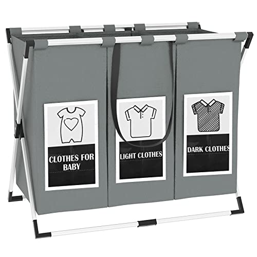 AWTATOS Wäschekorb mit 3 Abschnitten, 135 l, faltbarer Wäschekorb mit wasserdichten Oxford-Taschen und Aluminiumrahmen, Wäschesortierer, Schlafzimmer, grau AFLH03G Cover