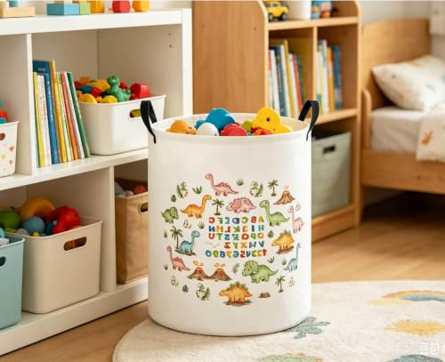 Image of Baby Laundry Hamper Basket Baby Hamper for Nursery Boy and Girl Cute Storage Bin Organizer Boho Room Decor(Letter Dinosaur)