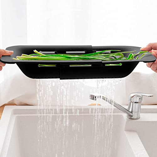 Image of Collapsible Sink Colanders and Strainers Basket Extendable Plastic Fruit Vegetable Strainer Drainer Basket for Kitchen (Length 13.6 inch-18.7 inch) (Black) 6 * 10