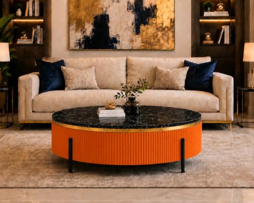 Image of WOODEN SPACE Premium Luxury Nazaara Marble-Top Coffee Table with Iron Legs & PVD Coating | Modern Round Wooden Center Table for Living Room & Entryway
